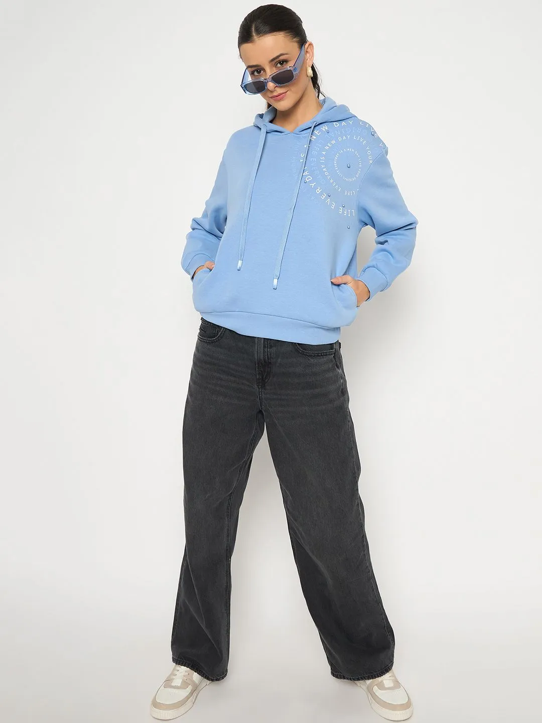 Madame Placement Printed Pearl Detailed Powder Blue Sweatshirt Layered Fit