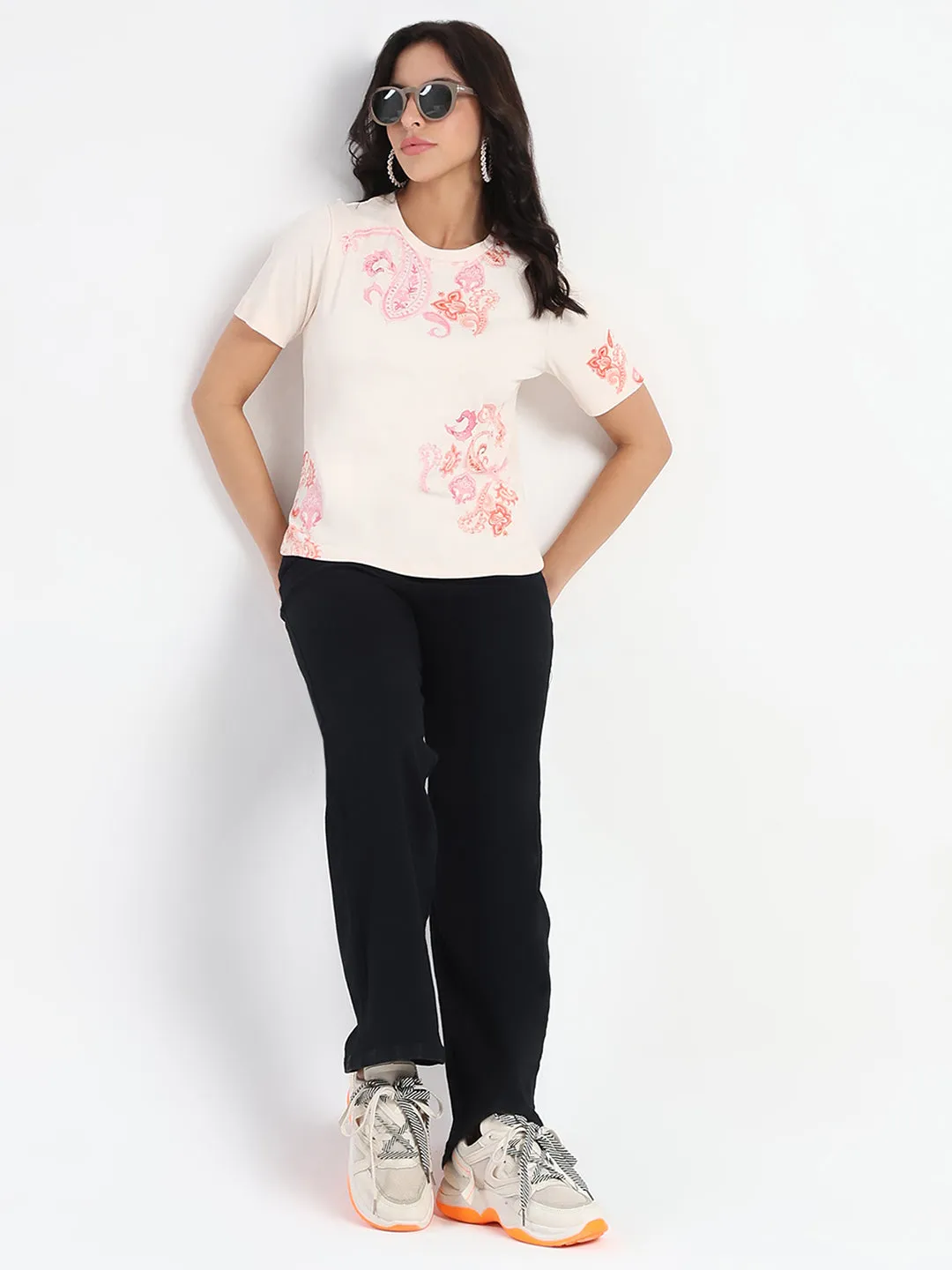 Madame Placement Sublimation Print Peach Smooth Rib T-Shirt Limited Edition