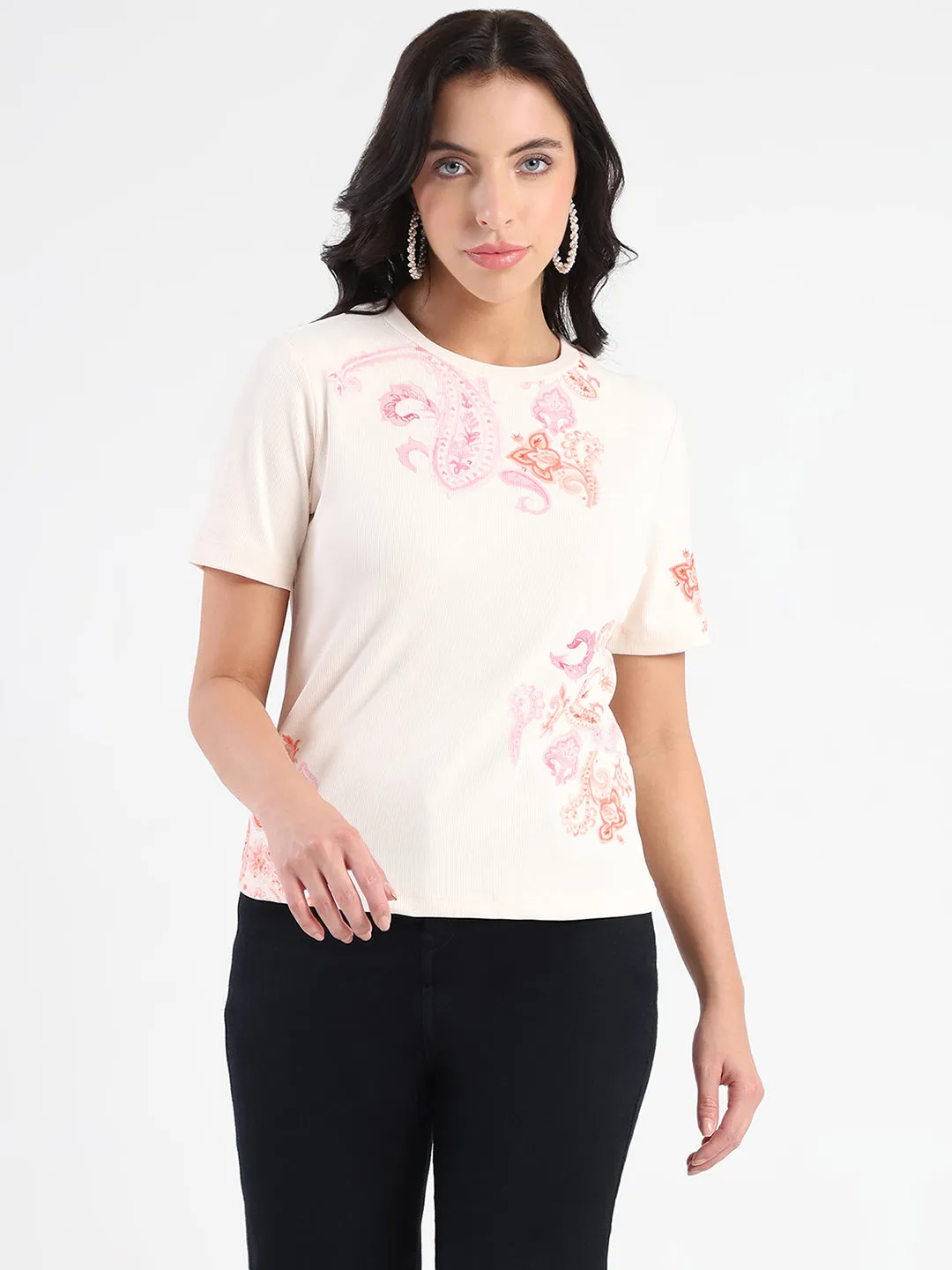 Madame Placement Sublimation Print Peach Smooth Rib T-Shirt Boat Neck
