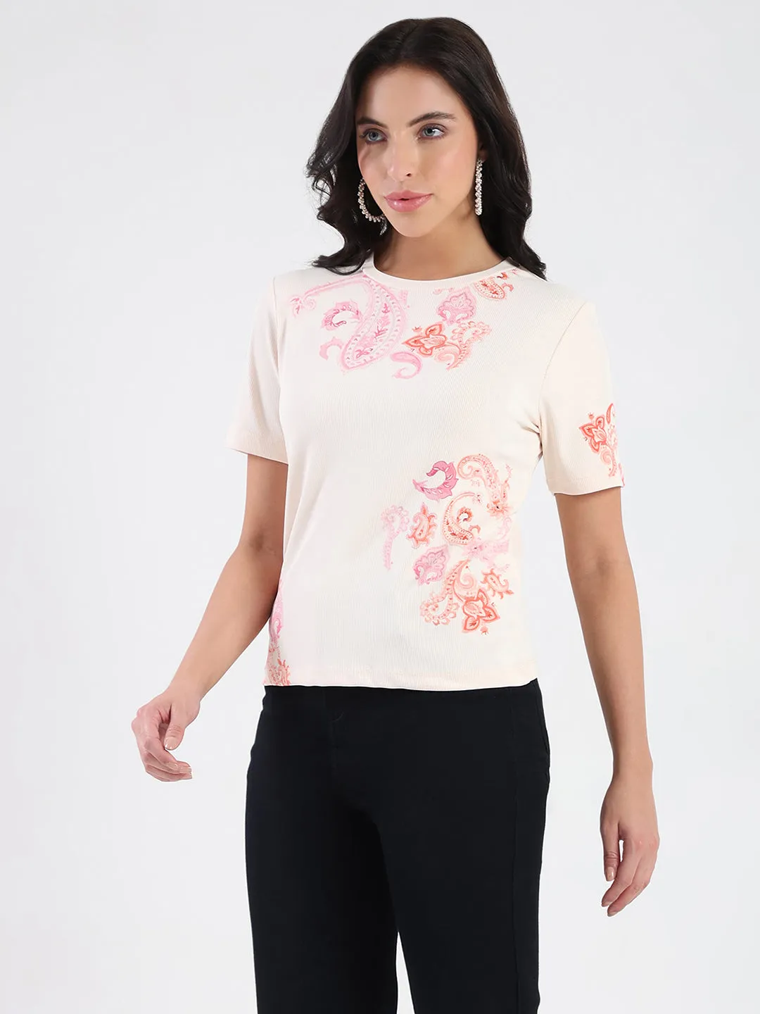 Madame Placement Sublimation Print Peach Smooth Rib T-Shirt Modern Outfit