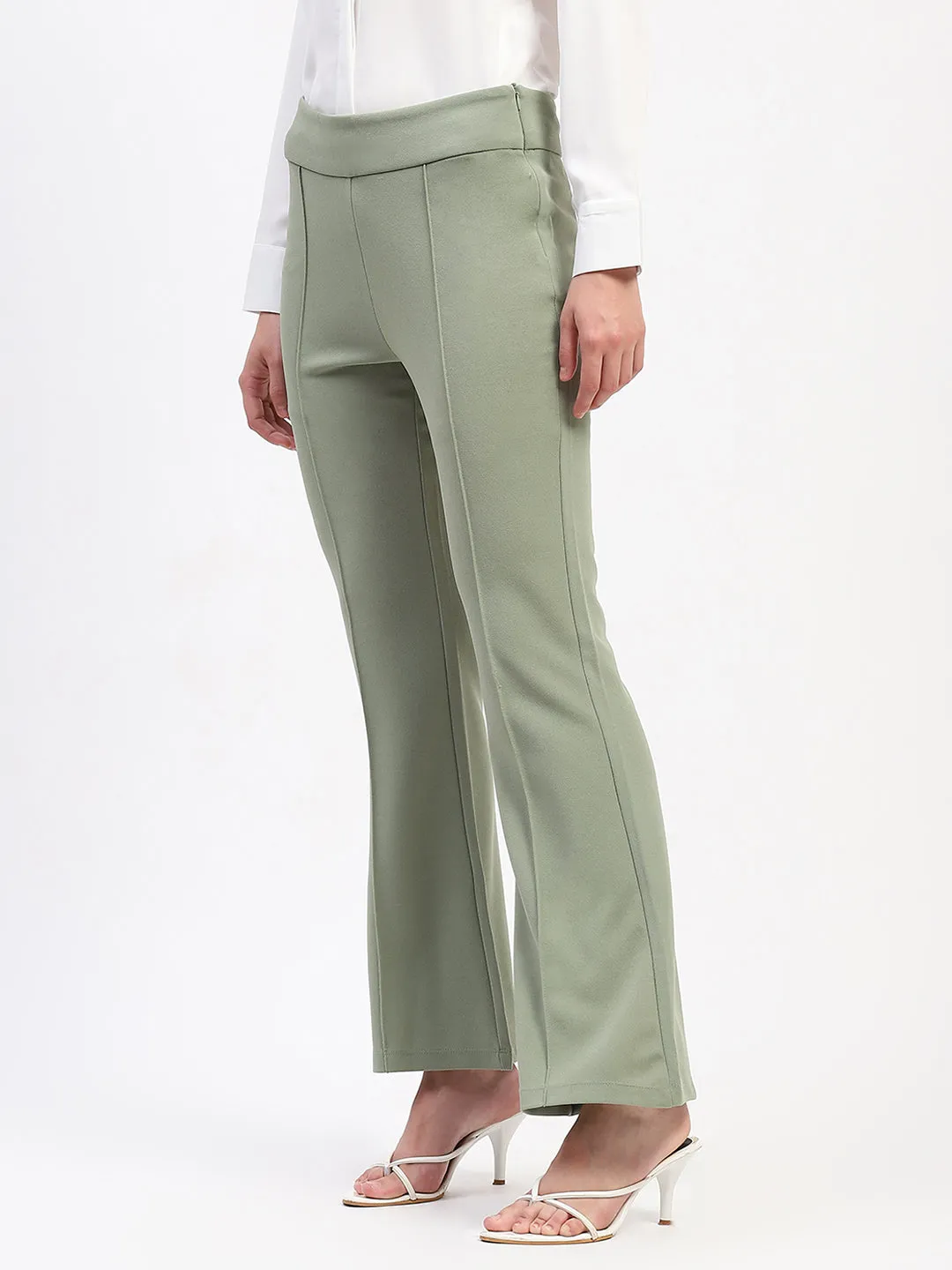 Madame Pleated Elasticated Waist Solid Mint Trousers Soft and Light