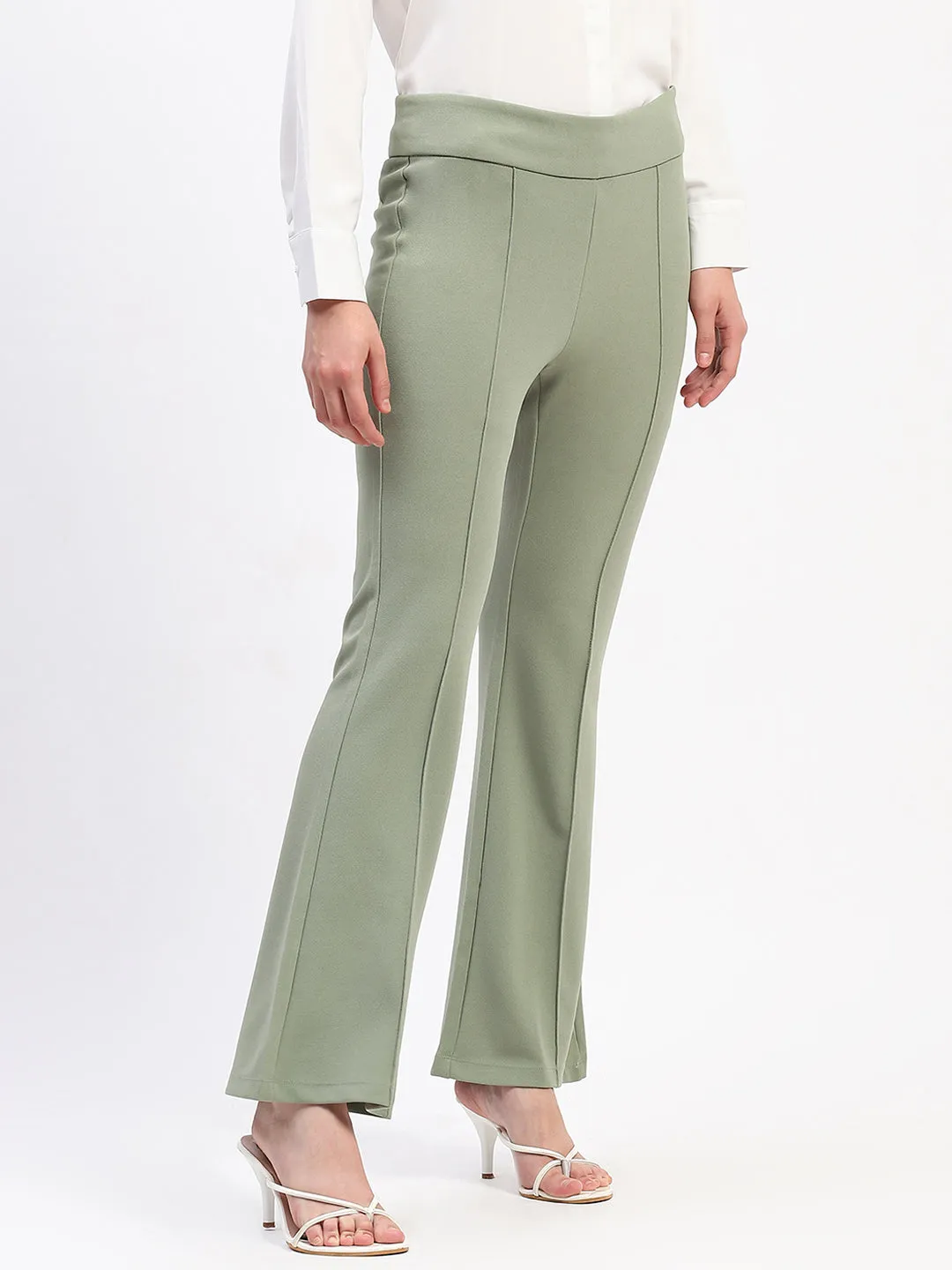 High Rise Design Madame Pleated Elasticated Waist Solid Mint Trousers