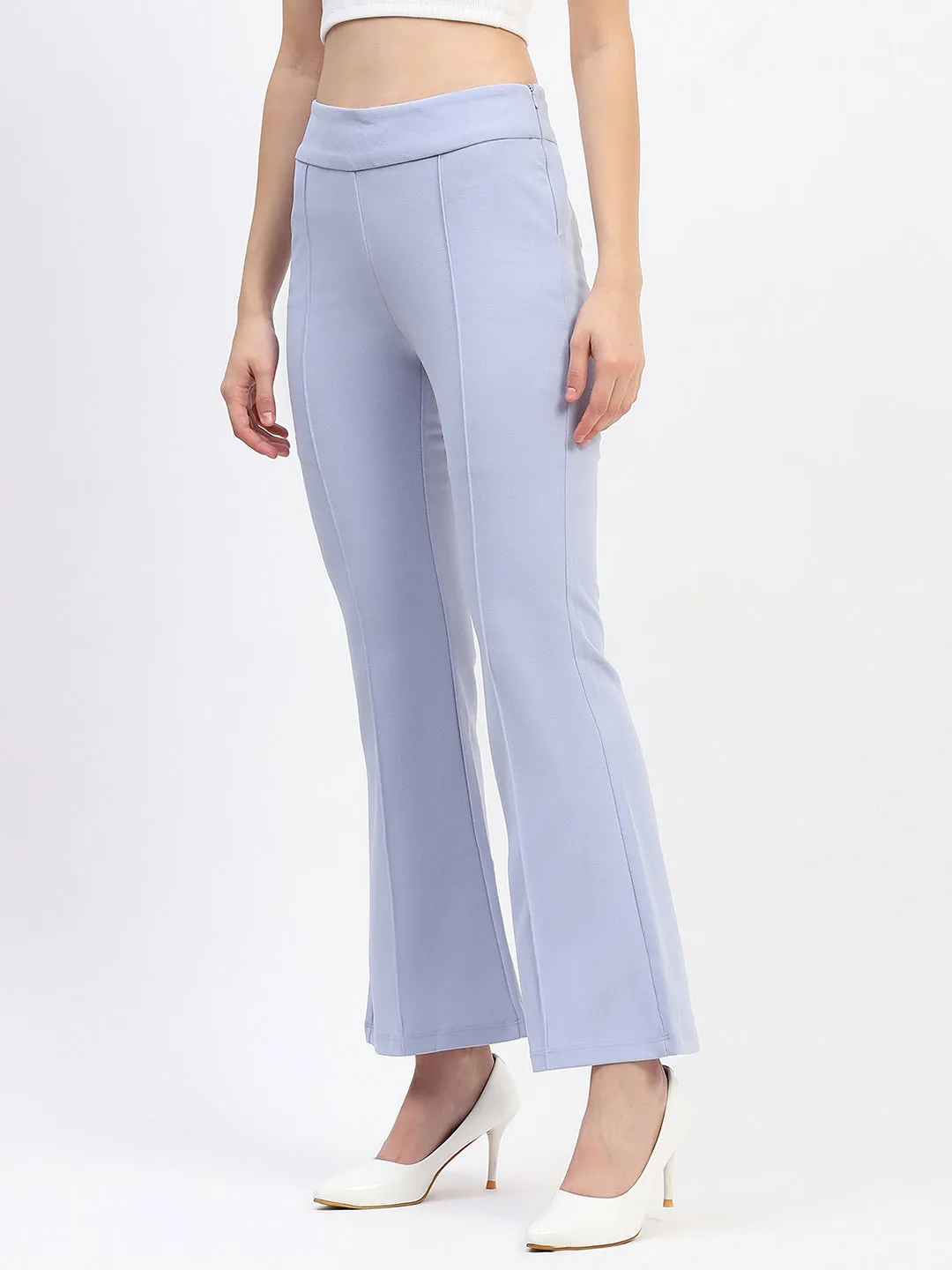 Madame Pleated Elasticated Waist Solid Sky Trousers Ventilated Panels All-Day Wear