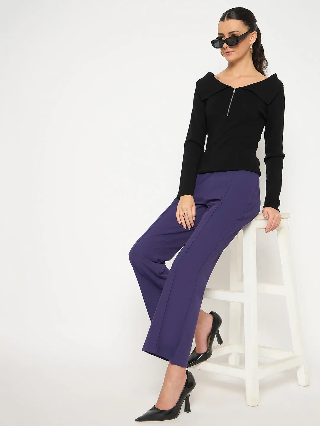 Casual Comfort Layers All Purpose Fit Madame Pleated Flared Purple Trousers