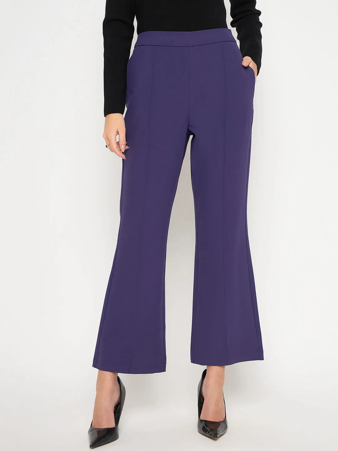 Mid Rise Madame Pleated Flared Purple Trousers