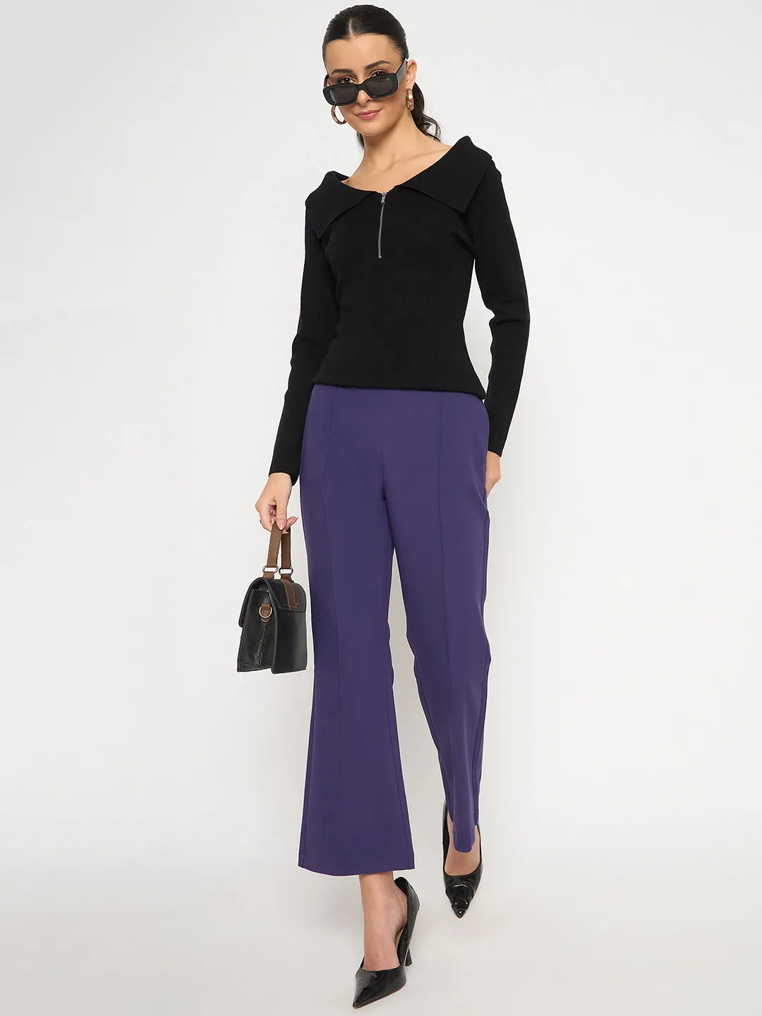 MachineWashableFabric Madame Pleated Flared Purple Trousers