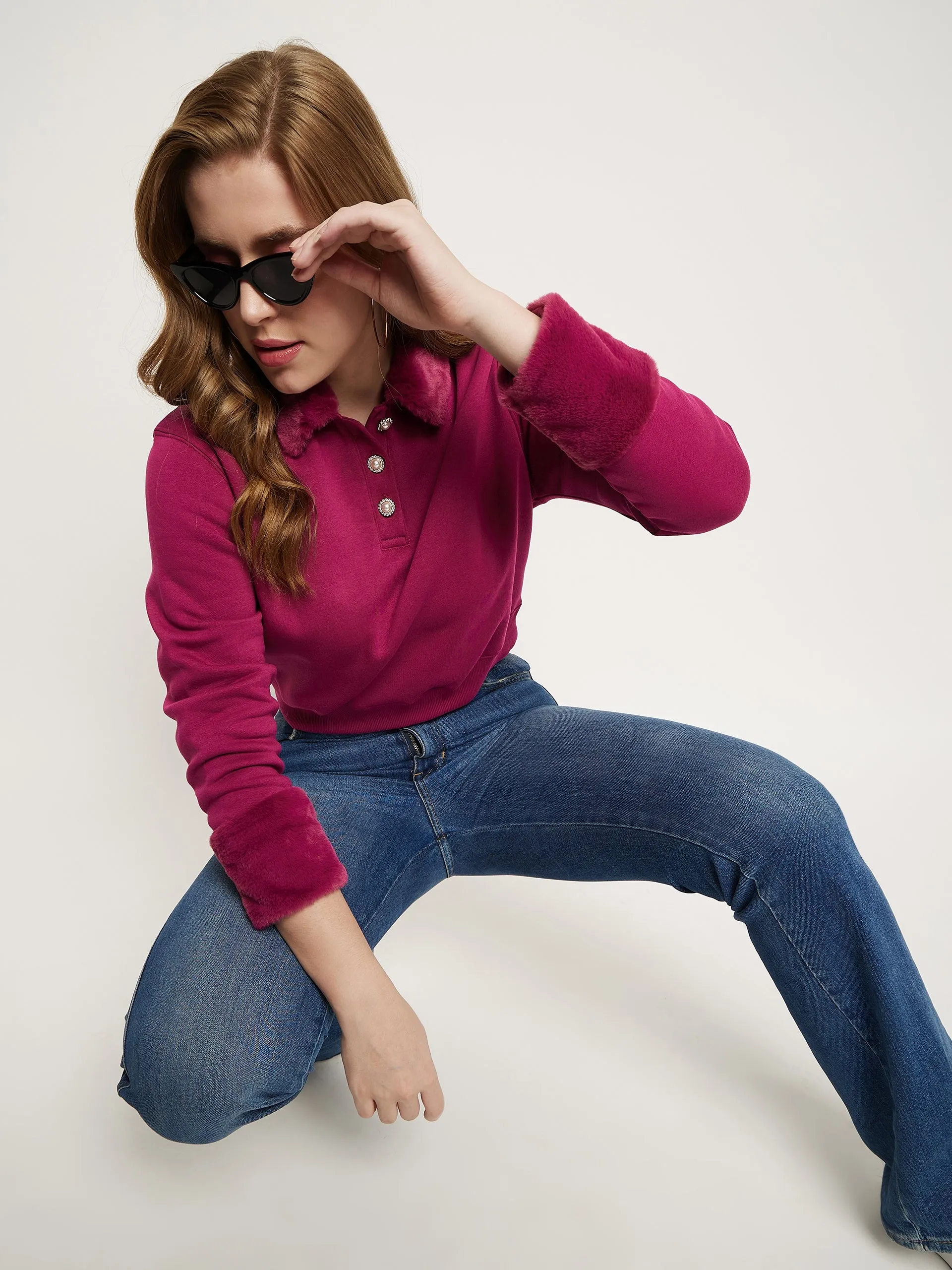 Seasonal Trend product personalized touch Madame Plum Faux Fur Collared Crop Sweatshirt