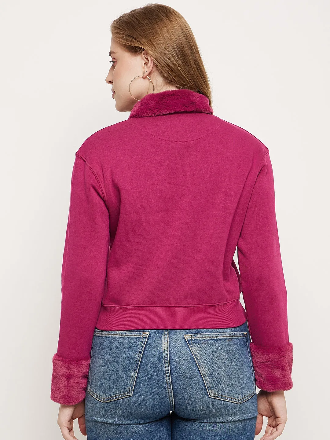 Madame Plum Faux Fur Collared Crop Sweatshirt Relaxed Style