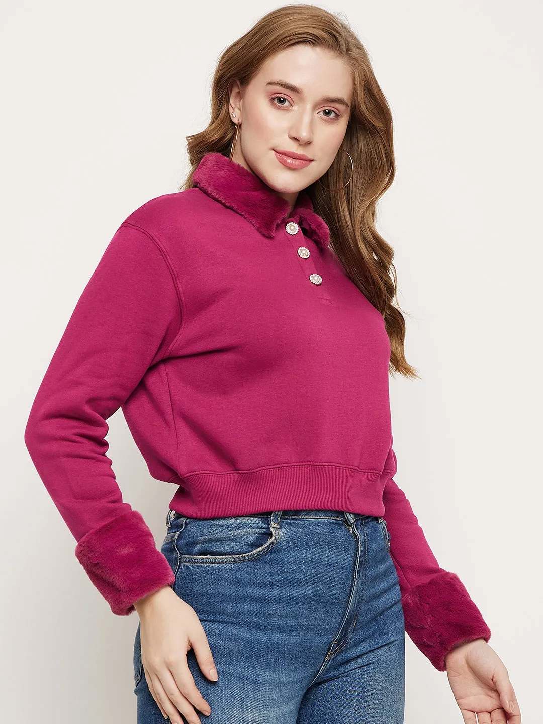 Everyday Comfort Pullover Madame Plum Faux Fur Collared Crop Sweatshirt
