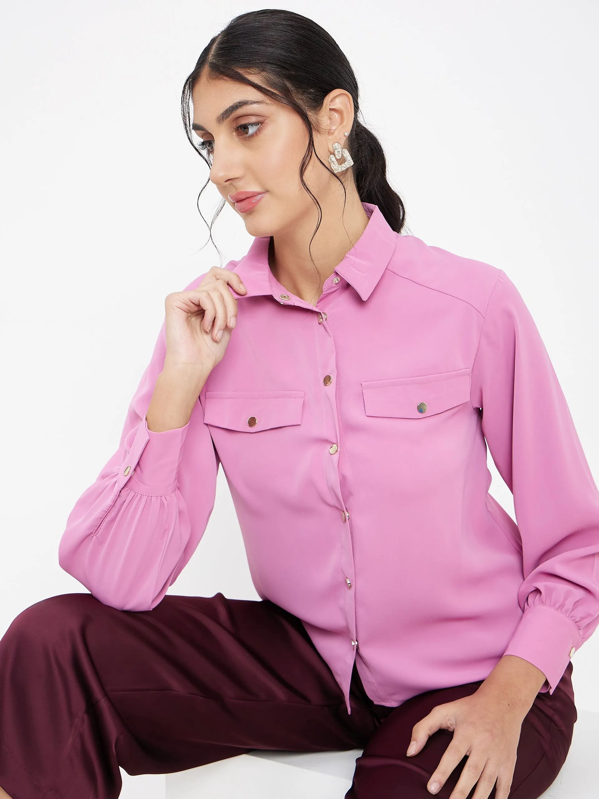 Madame Polo Neck Solid Pink Shirt Soft Texture