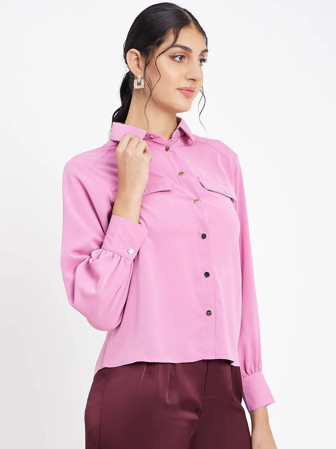 Minimalist Aesthetic Anniversary Special Madame Polo Neck Solid Pink Shirt
