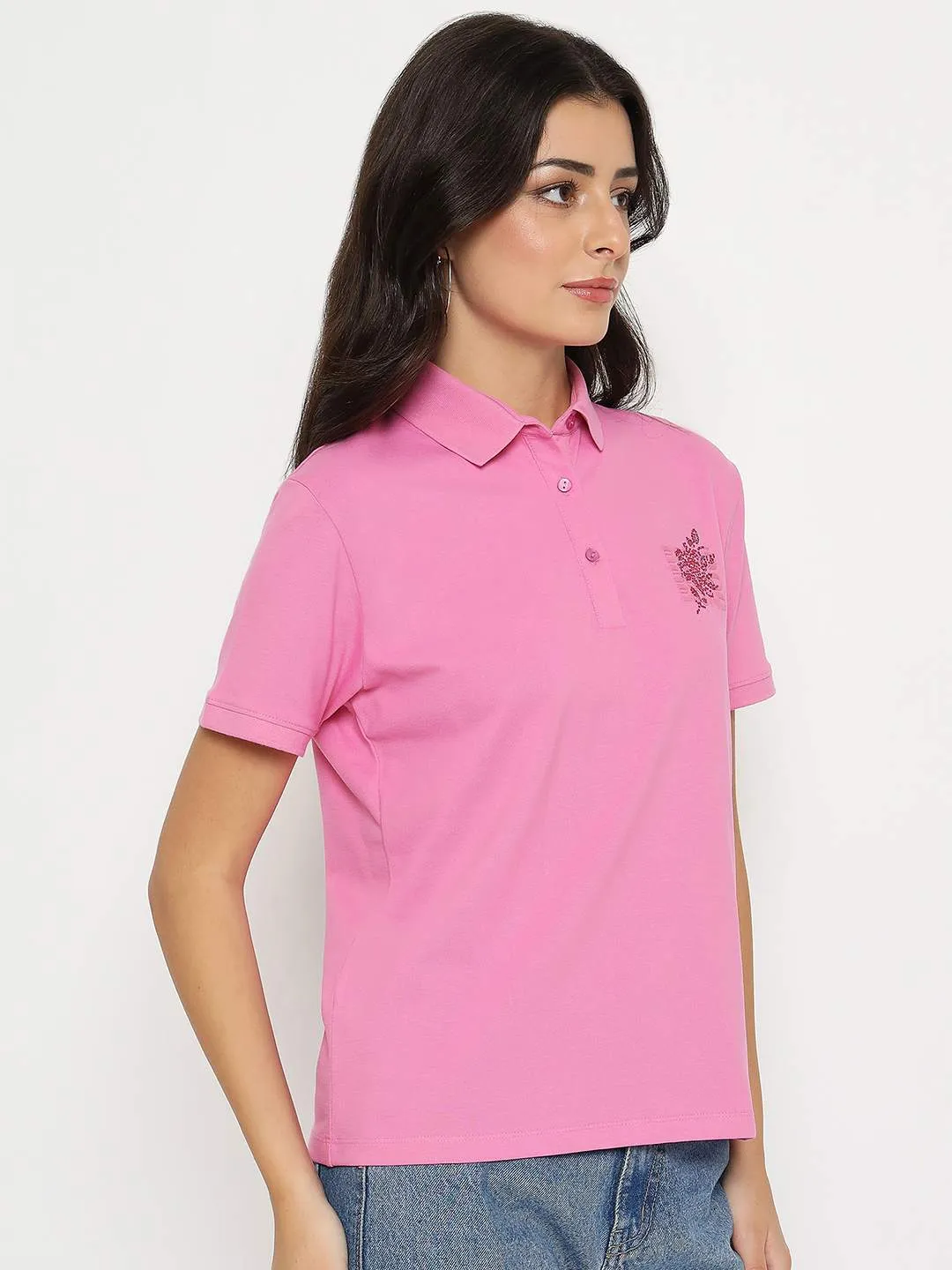 Quick Slip Trendy Comfort Fit Madame Print Adorned Cotton Blend Pink  Polo T-shirt