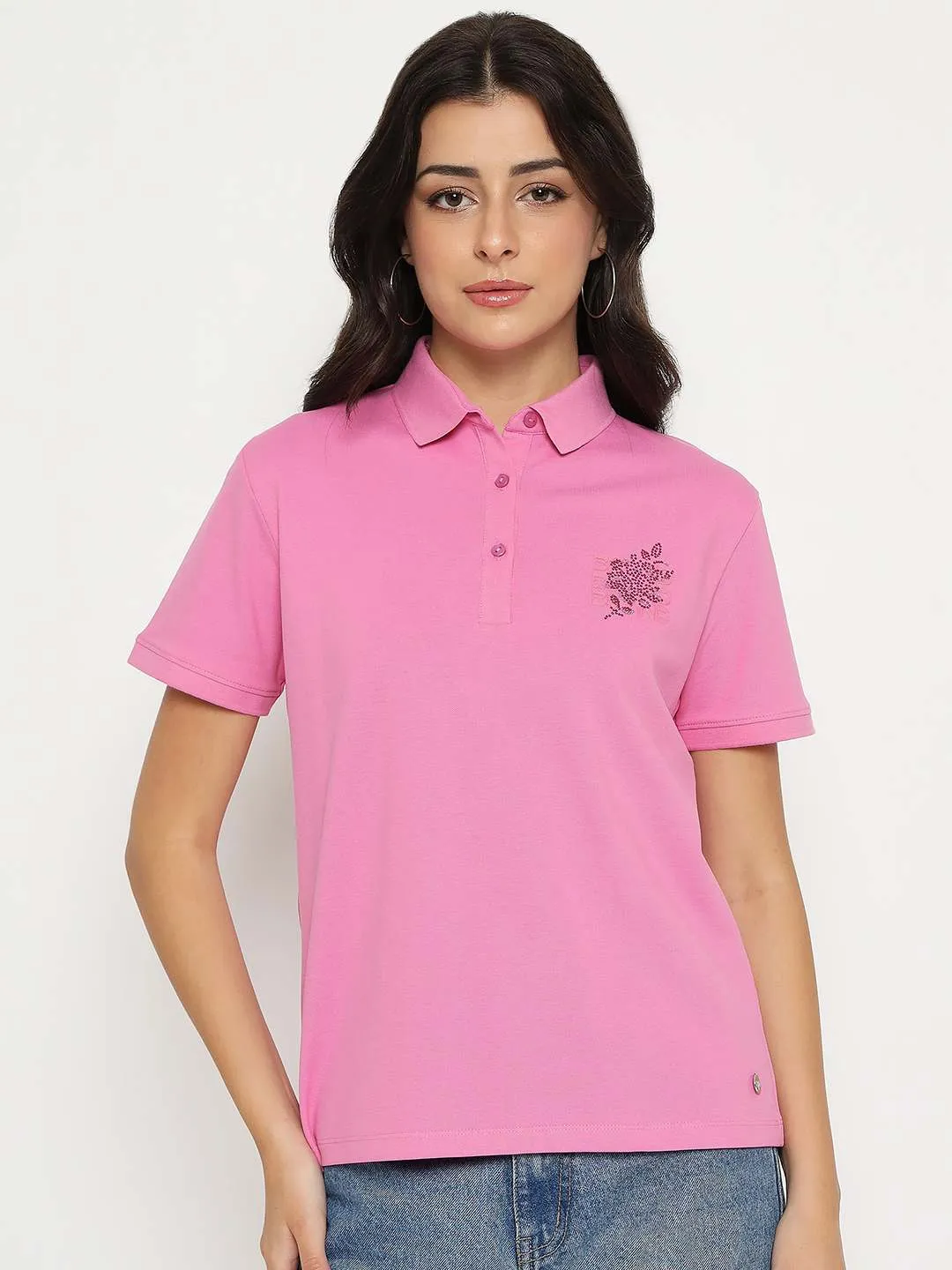 Madame Print Adorned Cotton Blend Pink  Polo T-shirt Perfect for Any Outfit