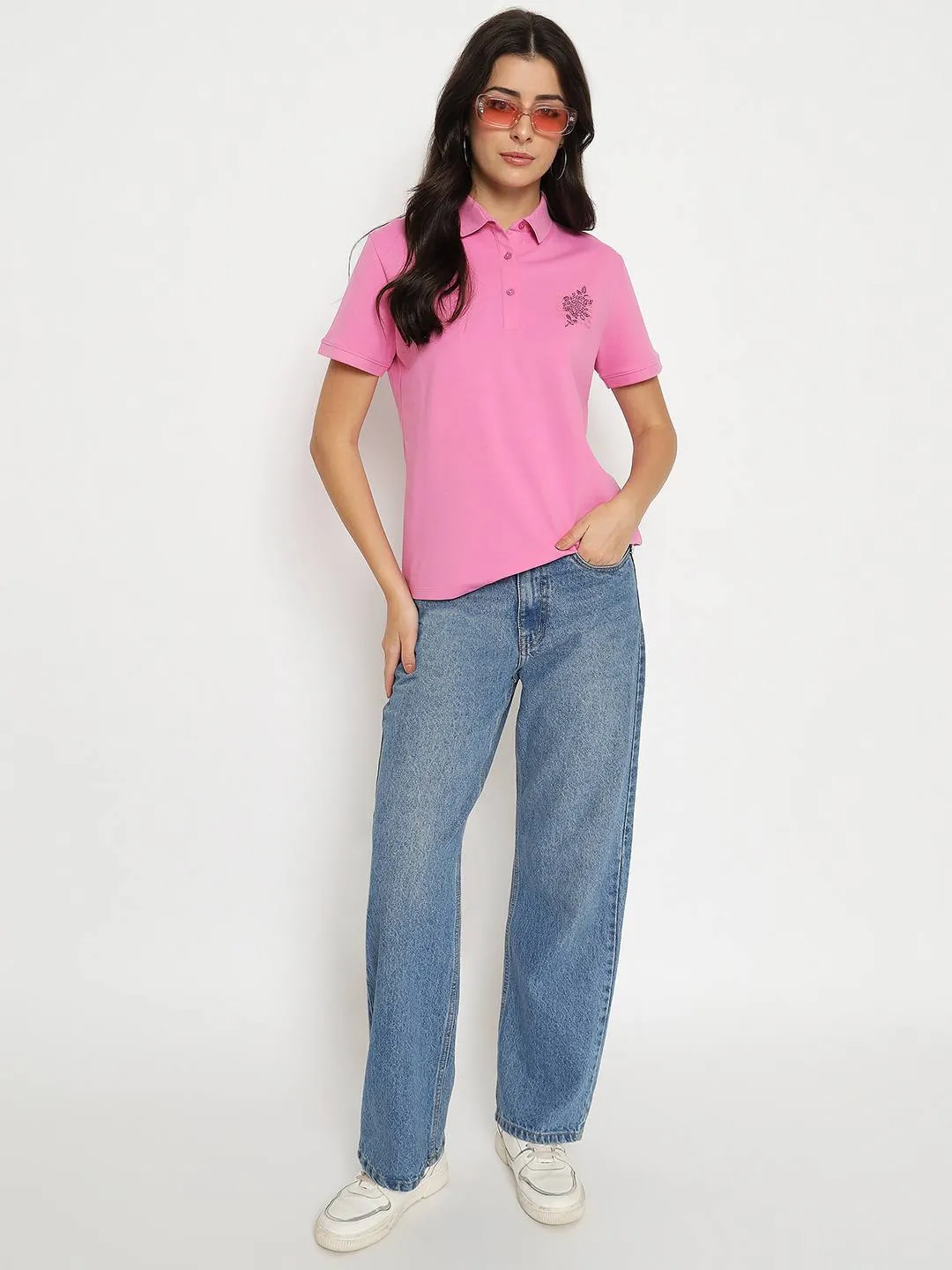 Madame Print Adorned Cotton Blend Pink  Polo T-shirt BioBased Fibers Lightweight Design