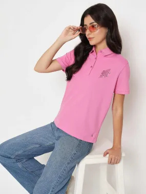 Casual Choice Wear Durable Collar Construction Madame Print Adorned Cotton Blend Pink  Polo T-shirt