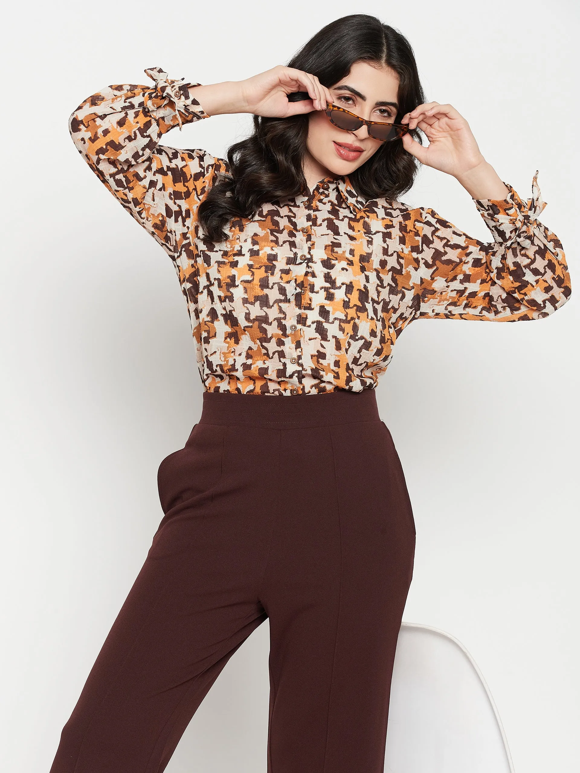 Oversized Fit Sustainable production Madame Printed Beige Shirt With Cuff Sleeves