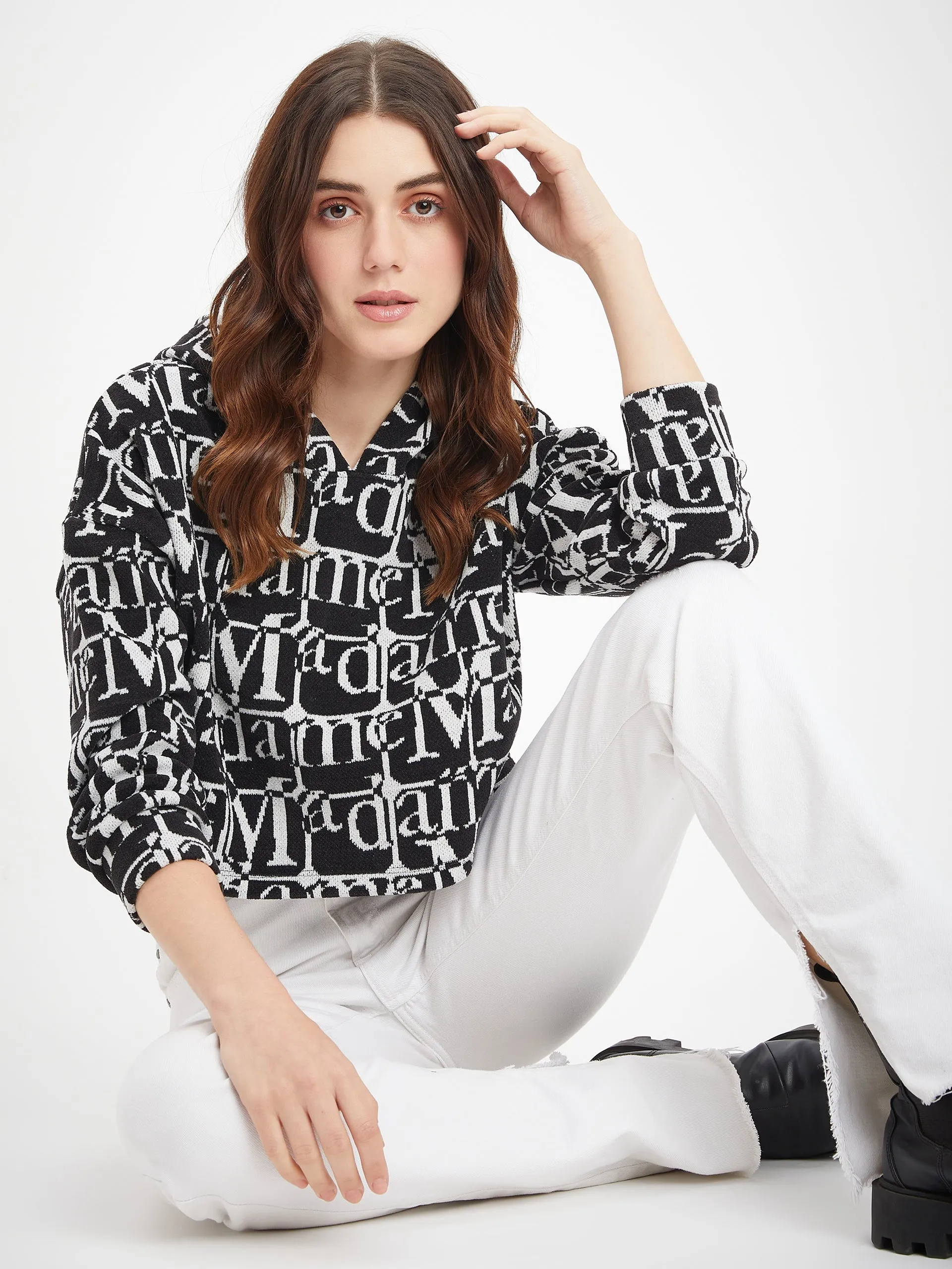 Madame Printed Black Sweatshirt Comfortable Outfit