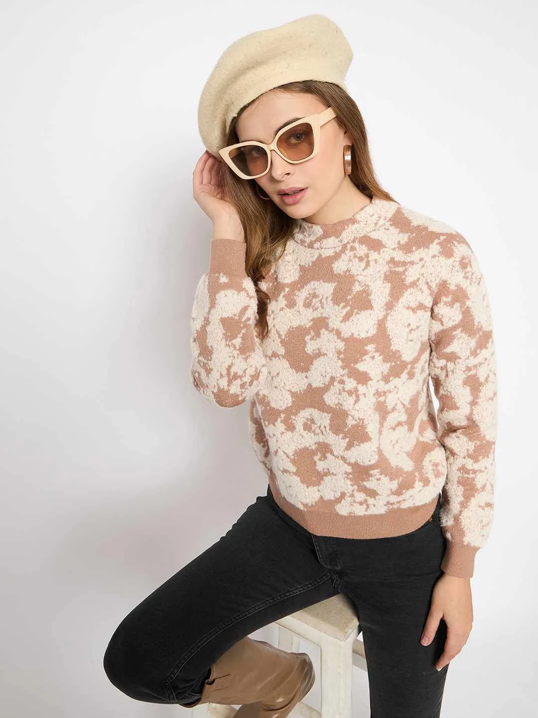 Madame Printed Crew Neck Beige Sweater Effortless Comfort Wear Knit Perfection