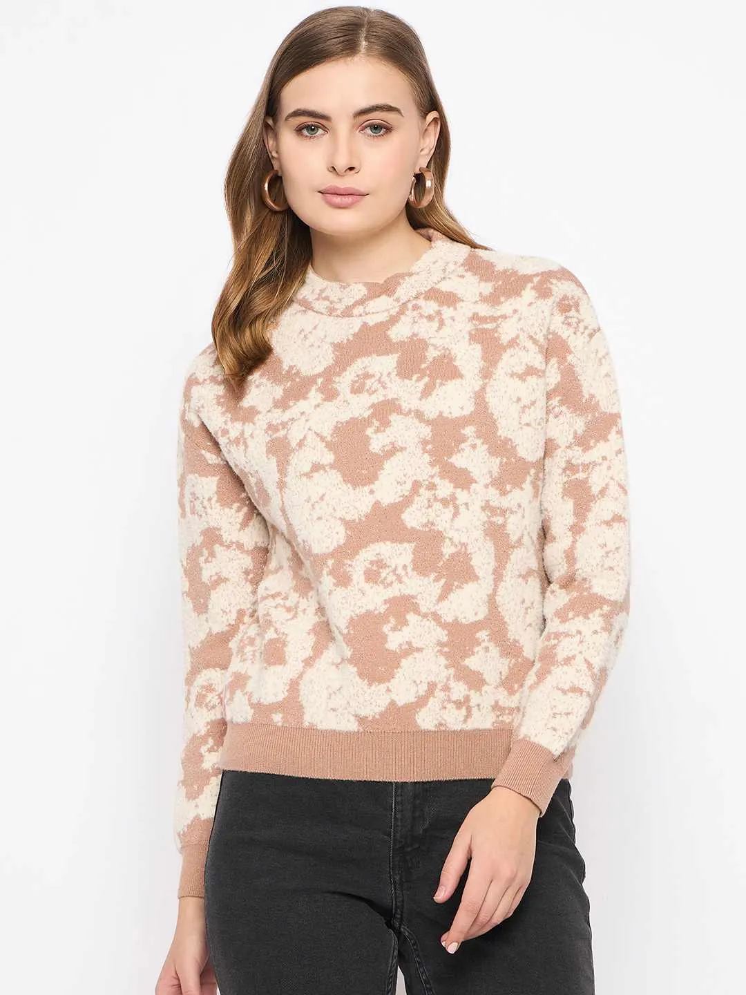 Madame Printed Crew Neck Beige Sweater Moisture Wicking Knit Minimal Bulk
