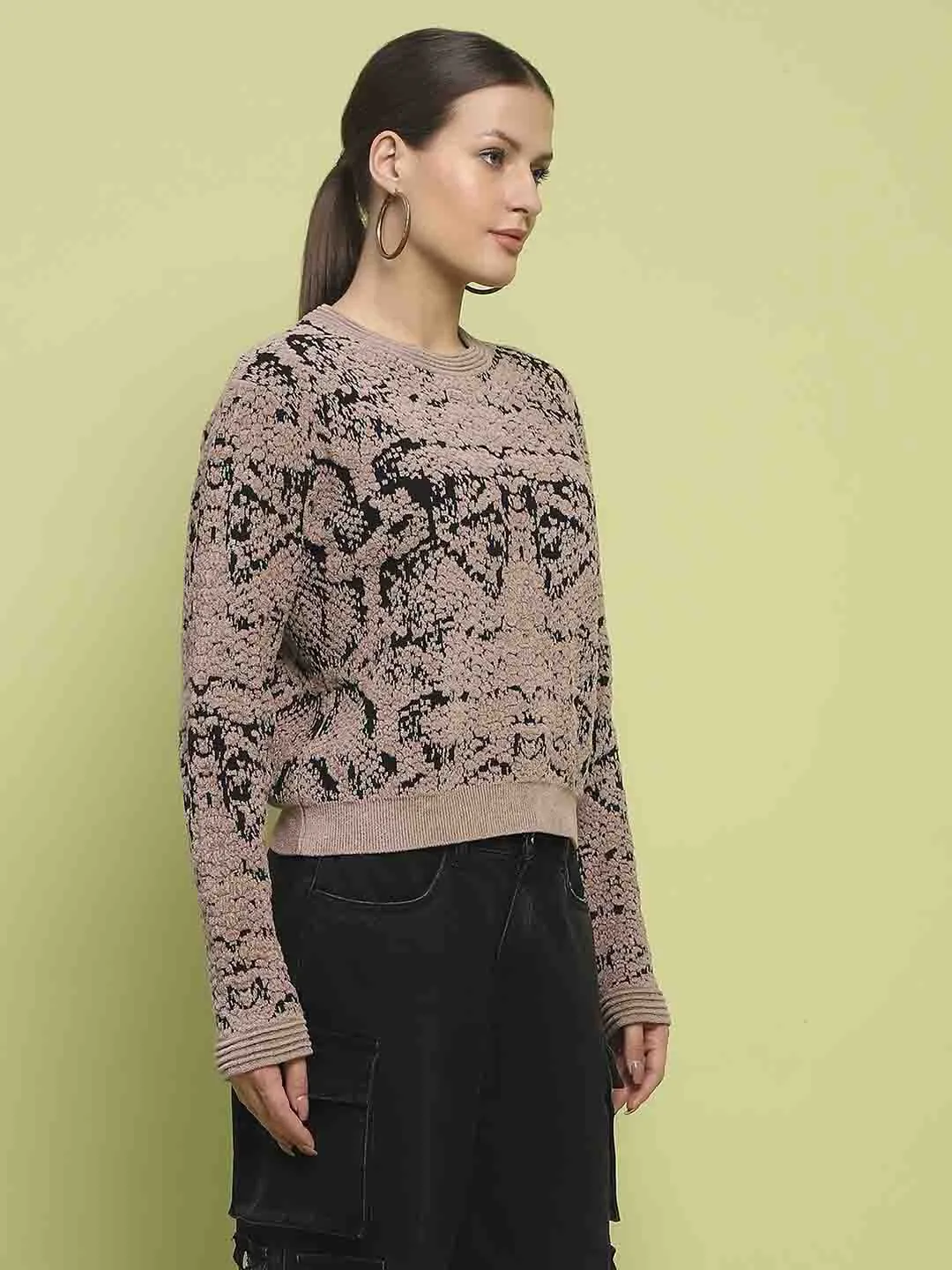 Simple Warmth Madame Printed Crew Neck Full Sleeve Brown Sweater