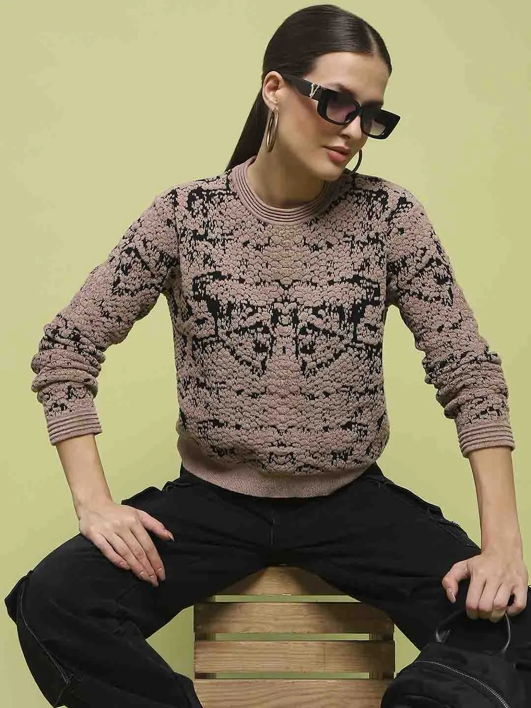 Madame Printed Crew Neck Full Sleeve Brown Sweater Perfect Wear