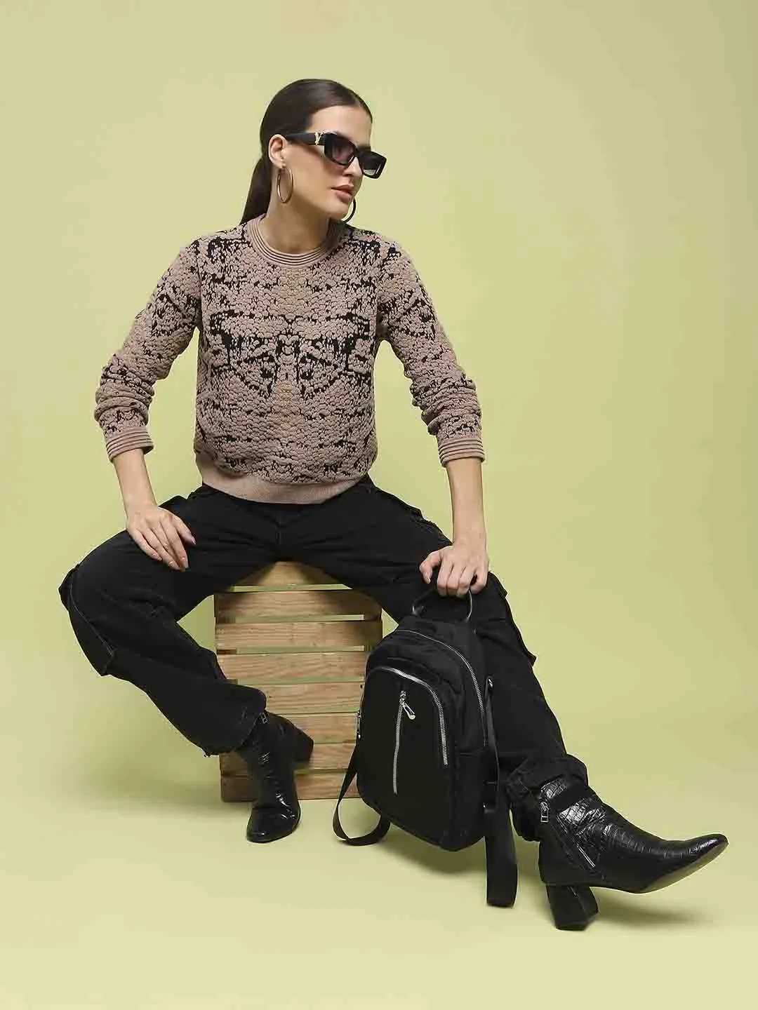 Madame Printed Crew Neck Full Sleeve Brown Sweater Knitted Comfort