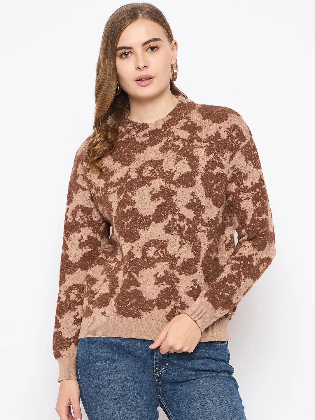 Reinforced Edging Madame Printed Crew Neck Tan Sweater