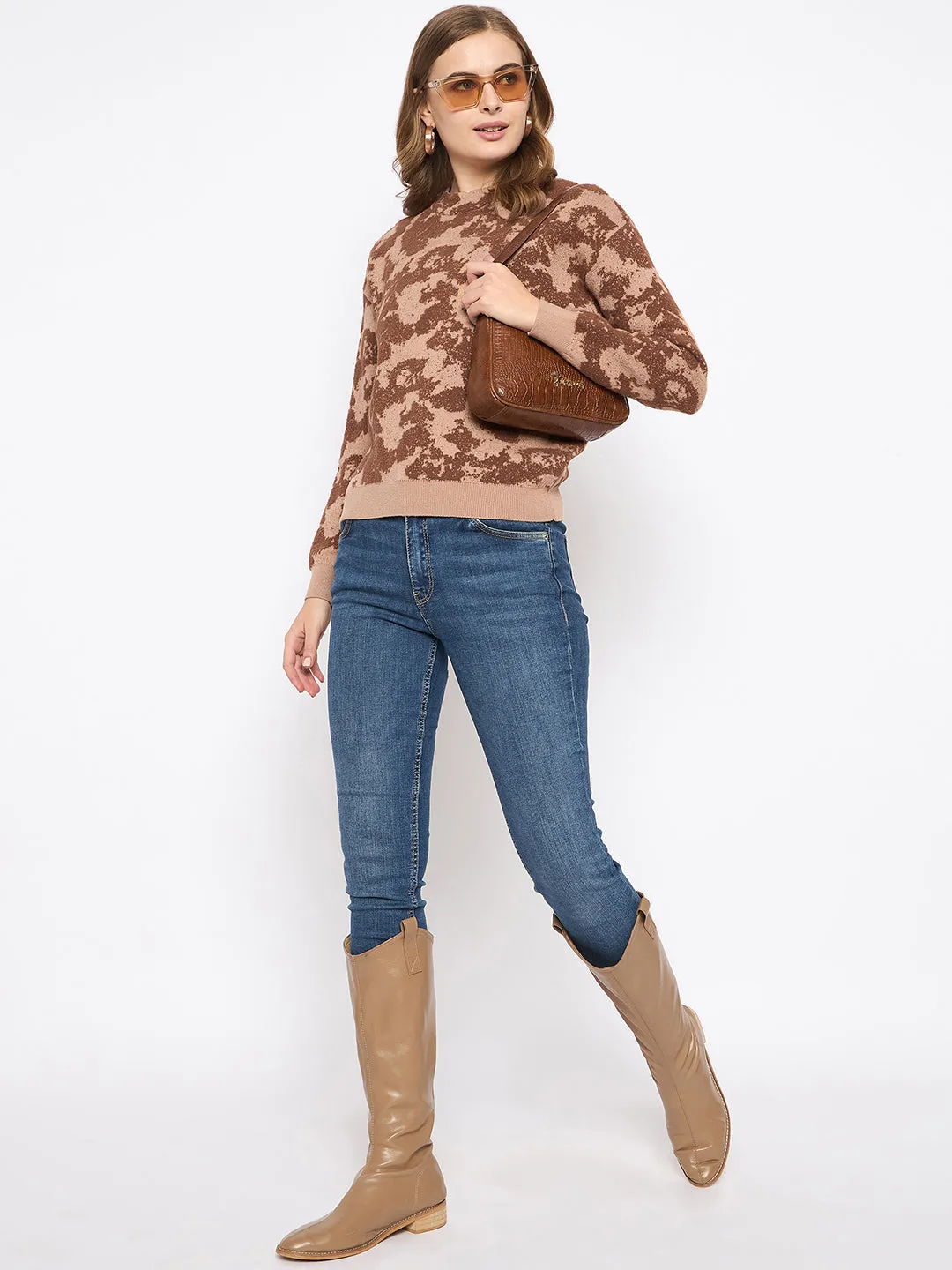 Madame Printed Crew Neck Tan Sweater Performance Comfort