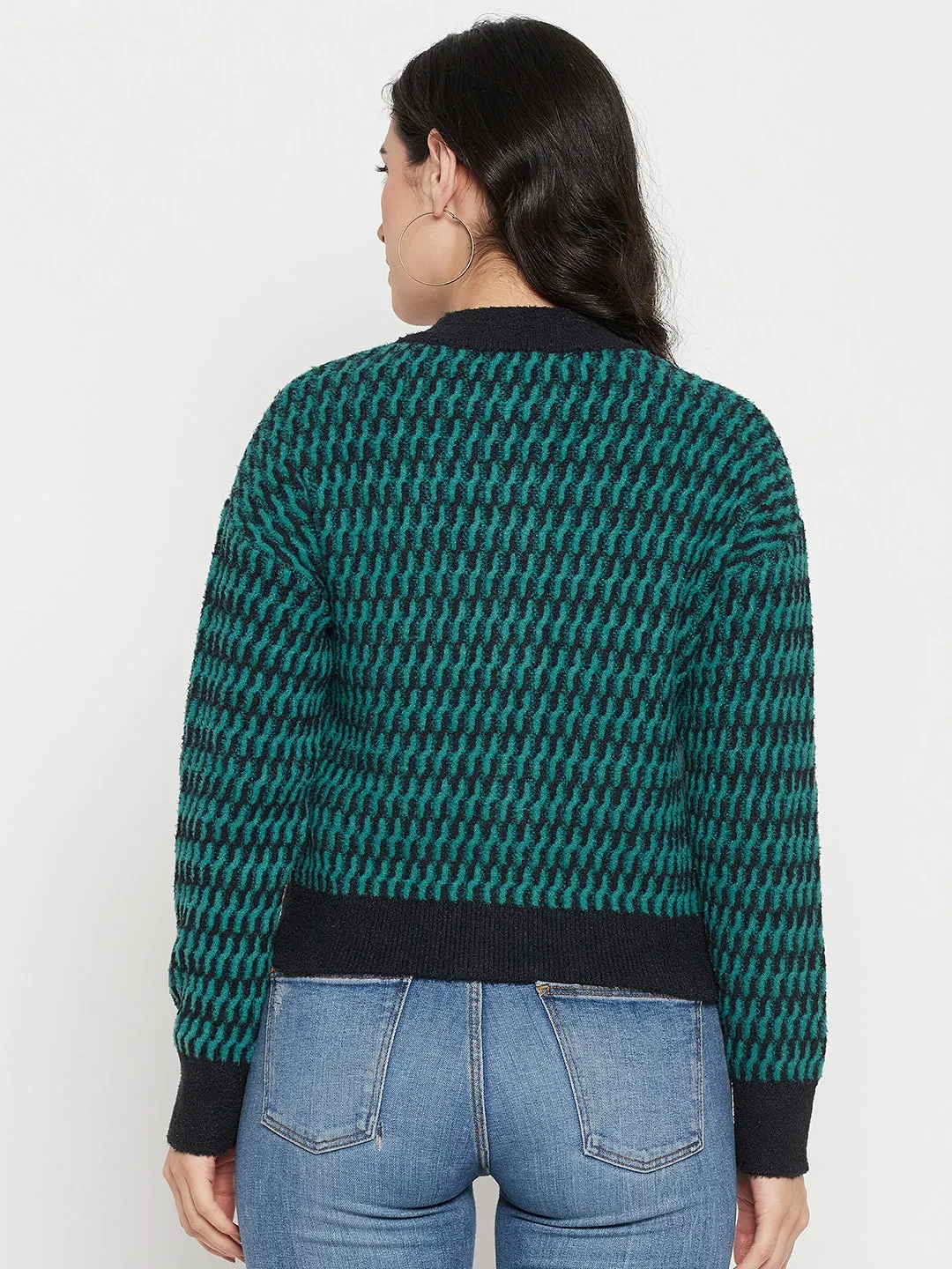 Madame Printed Emerald Green Sweater Cozy And Warm Comfy Knit