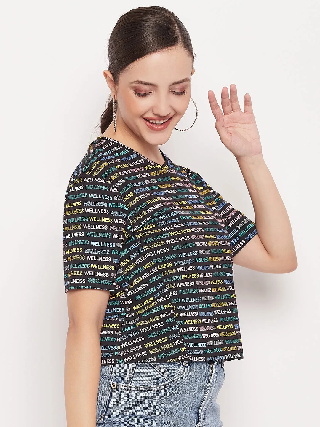 Layered Shoulder Design Madame Regular Fit Round Neck Printed T-shirt