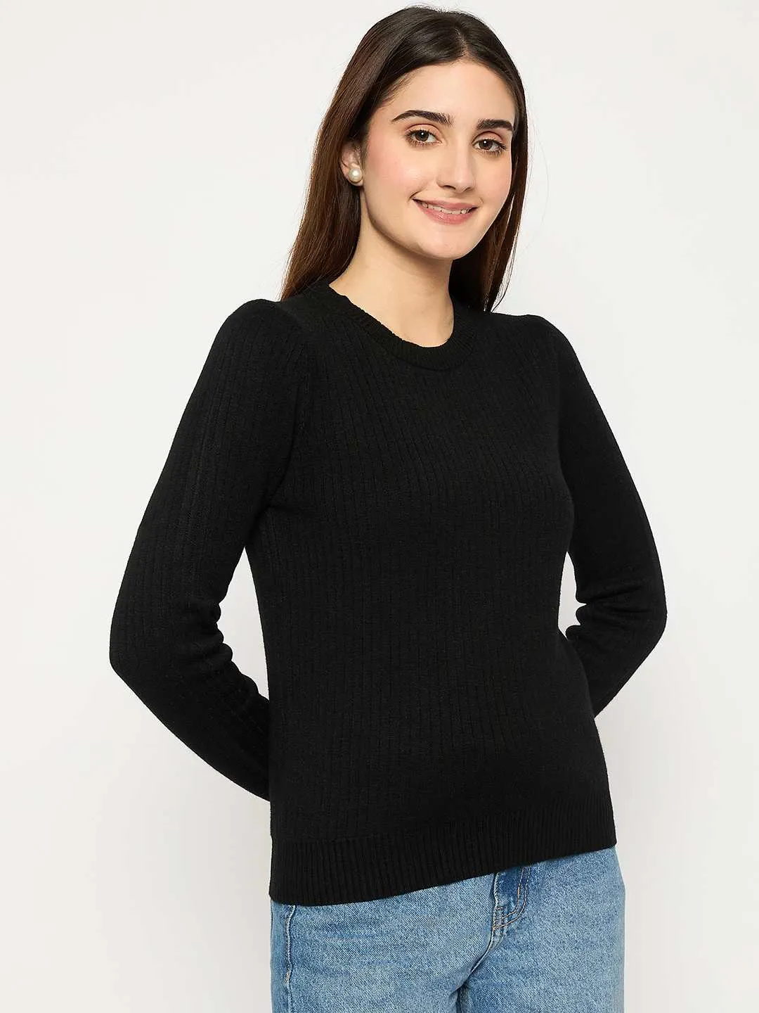 Comfortable Design Chilly Season Madame Ribbed Cuffs Round Neck Black Sweater