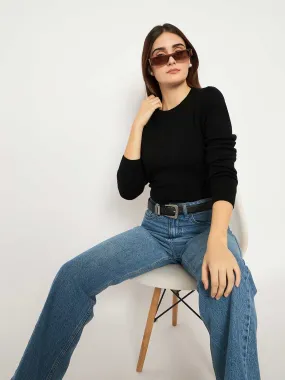 Madame Ribbed Cuffs Round Neck Black Sweater Comfy and Cozy