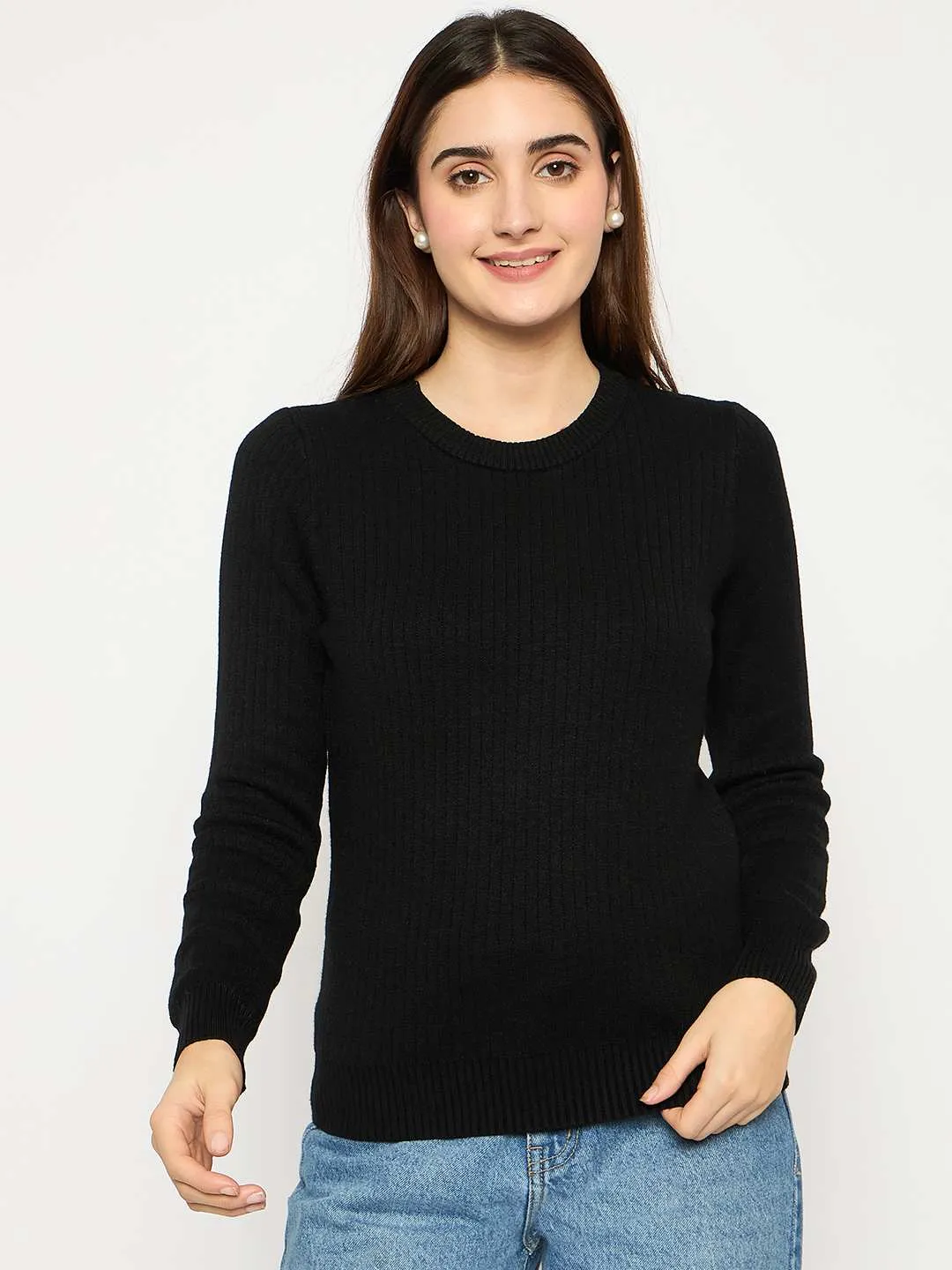 All Season Knitwear Madame Ribbed Cuffs Round Neck Black Sweater