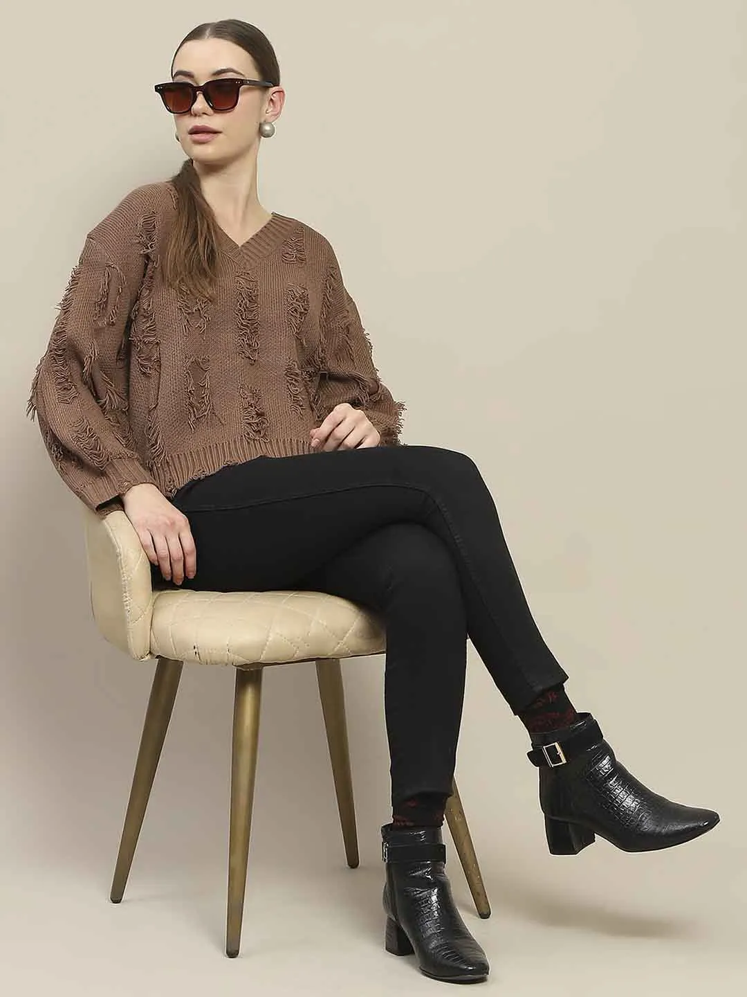 Fray Resistant Edges Breathable touch Madame Ripped Knitted V Neck Brown Sweater