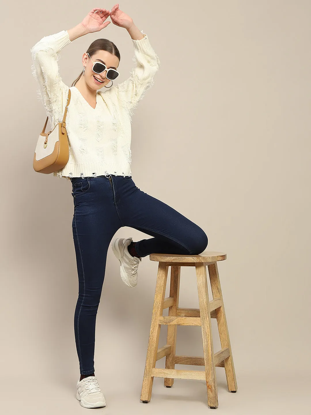 Madame Ripped Knitted V Neck Off White Sweater Stretchy Fit Layered Knit Style