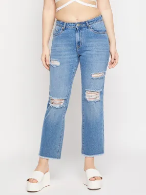 Breathable Denim No Gap Waist Engineering Madame Ripped Mid-Rise Double Wash Cropped Straight Fit Jeans