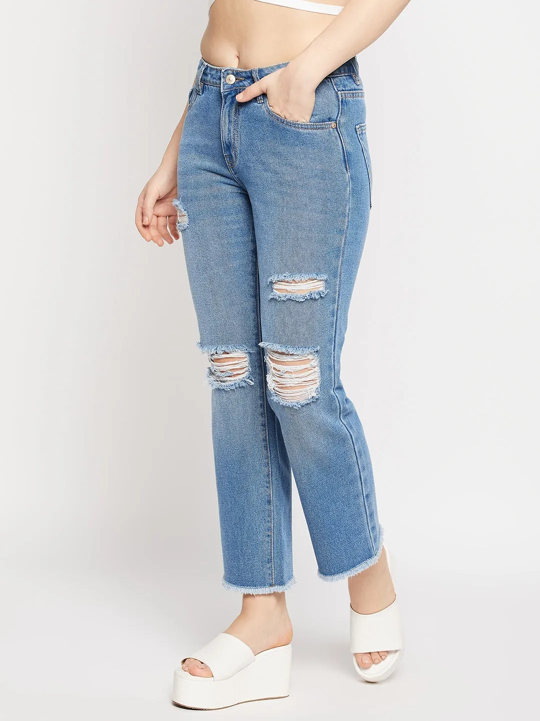 Madame Ripped Mid-Rise Double Wash Cropped Straight Fit Jeans Solid Choice