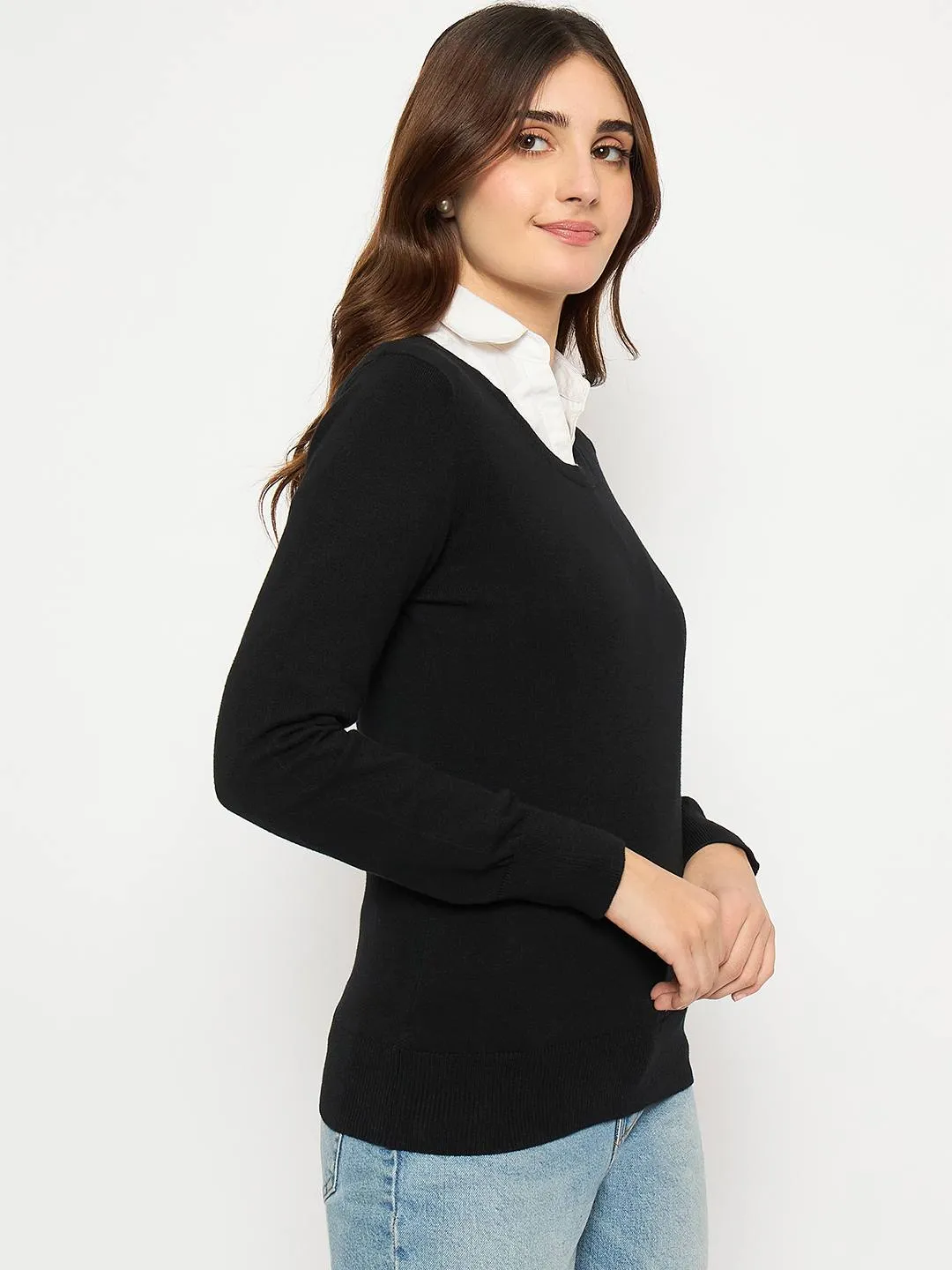 Madame Round Neck Ribbed Cuff Black Sweater Soft and Cozy