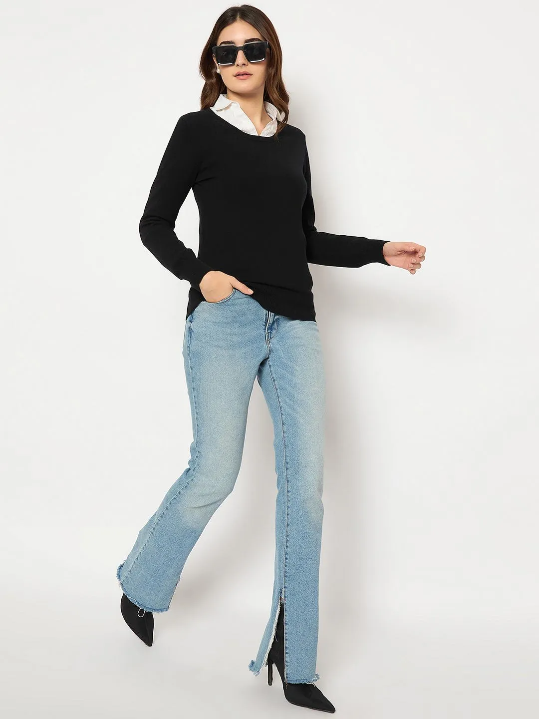 Madame Round Neck Ribbed Cuff Black Sweater Seasonal Layering