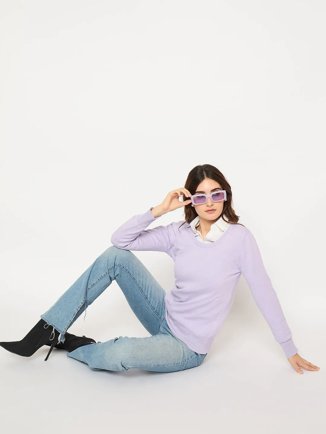 Versatile knitwear Madame Round Neck Ribbed Cuff Mauve Sweater