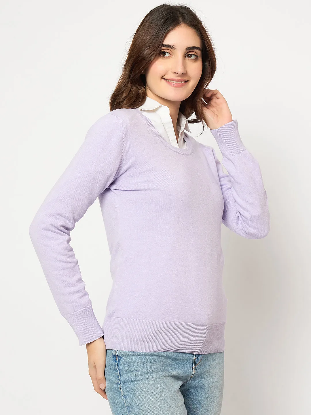 Madame Round Neck Ribbed Cuff Mauve Sweater Cozy Apparel