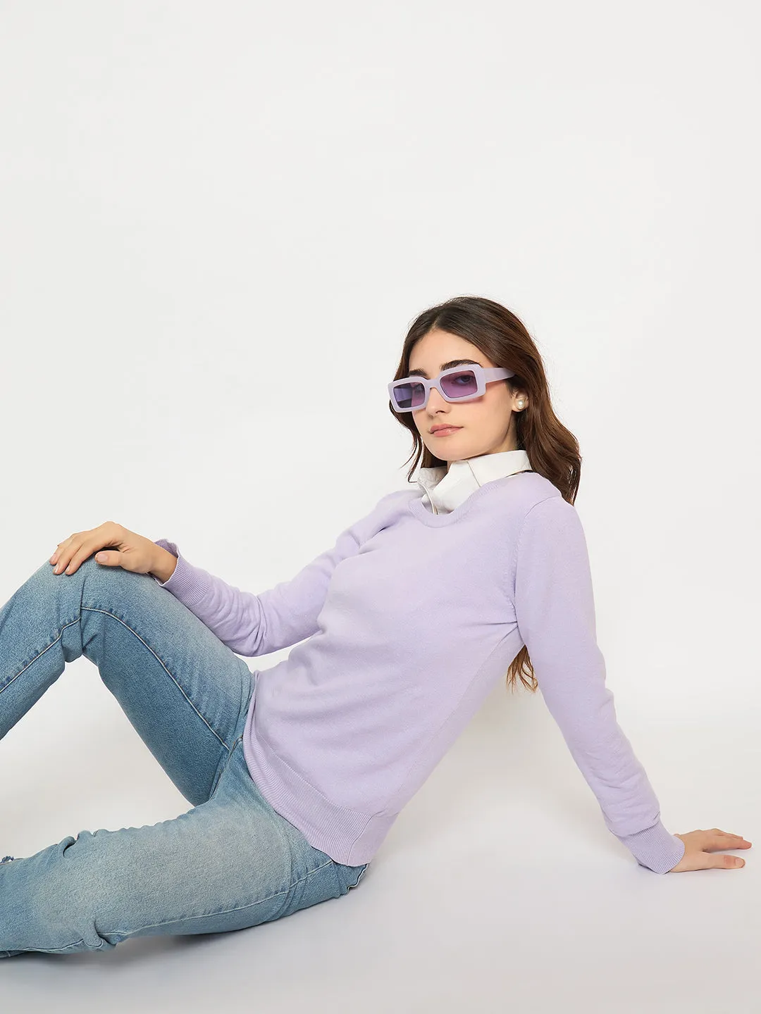 Double Layered Collar Cozy Midweight Fabric Madame Round Neck Ribbed Cuff Mauve Sweater