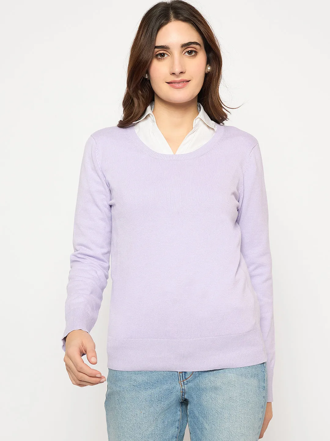 Madame Round Neck Ribbed Cuff Mauve Sweater Durable Fabric