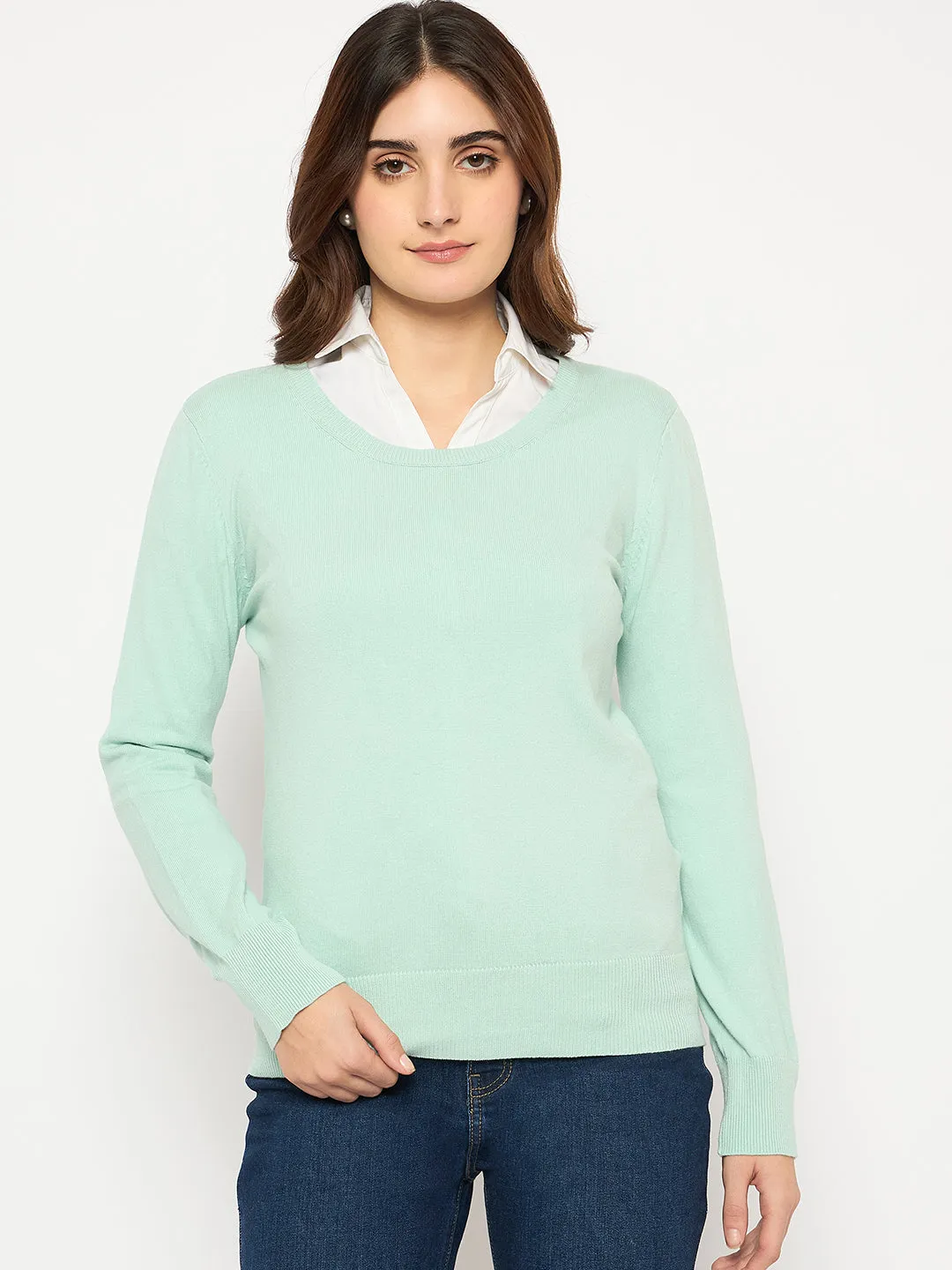 Winter Must-Have Wear Madame Round Neck Ribbed Cuff Mint Green Sweater