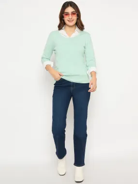 Comfy Knit Look Functional Style Madame Round Neck Ribbed Cuff Mint Green Sweater