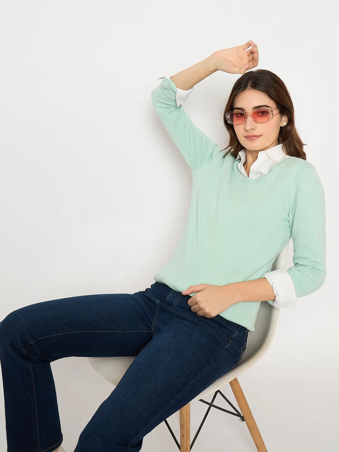 Fashionable Wear Madame Round Neck Ribbed Cuff Mint Green Sweater