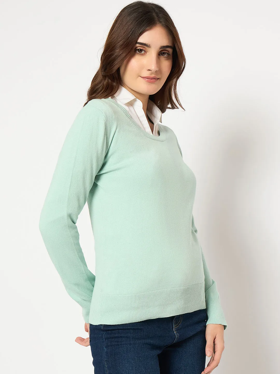 Madame Round Neck Ribbed Cuff Mint Green Sweater Snug Layers Snuggle Layers