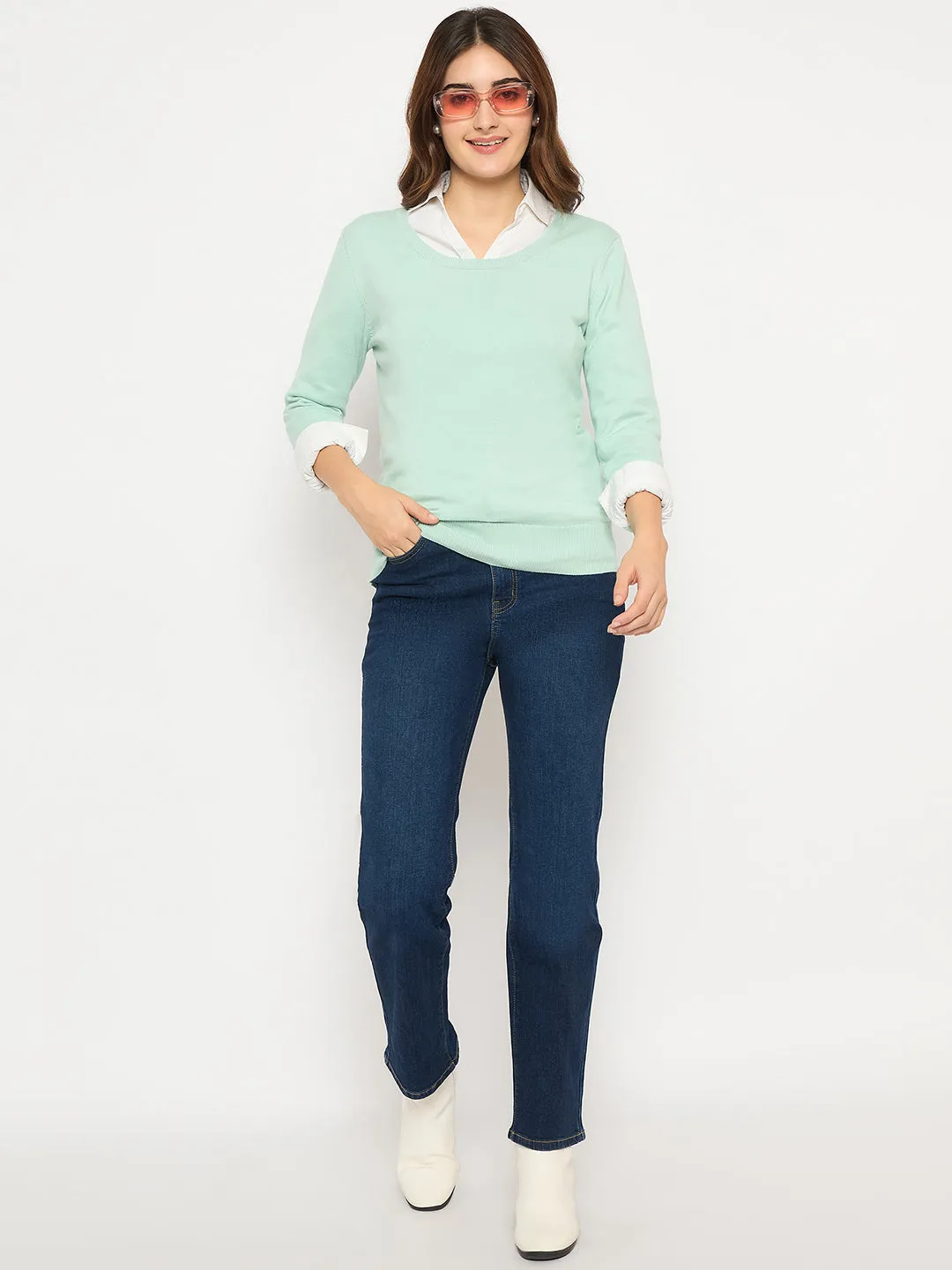 Comfy Knit Look Functional Style Madame Round Neck Ribbed Cuff Mint Green Sweater