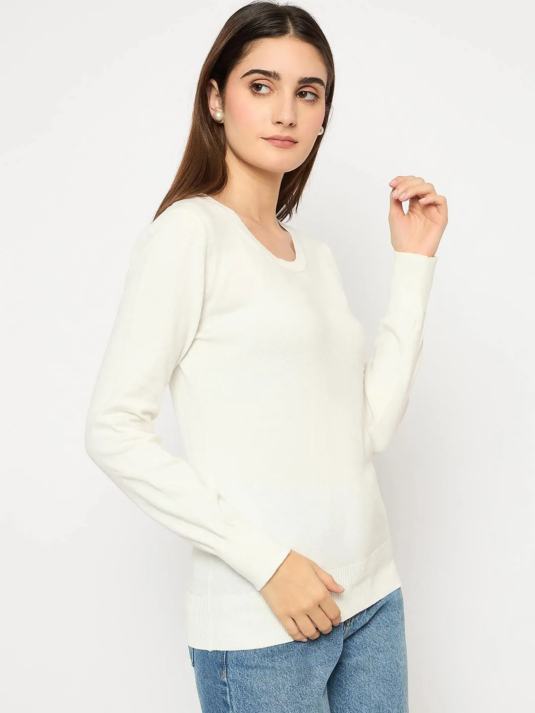 Madame Round Neck Ribbed Cuff Off White Sweater Stylish Layers Snuggly Pieces