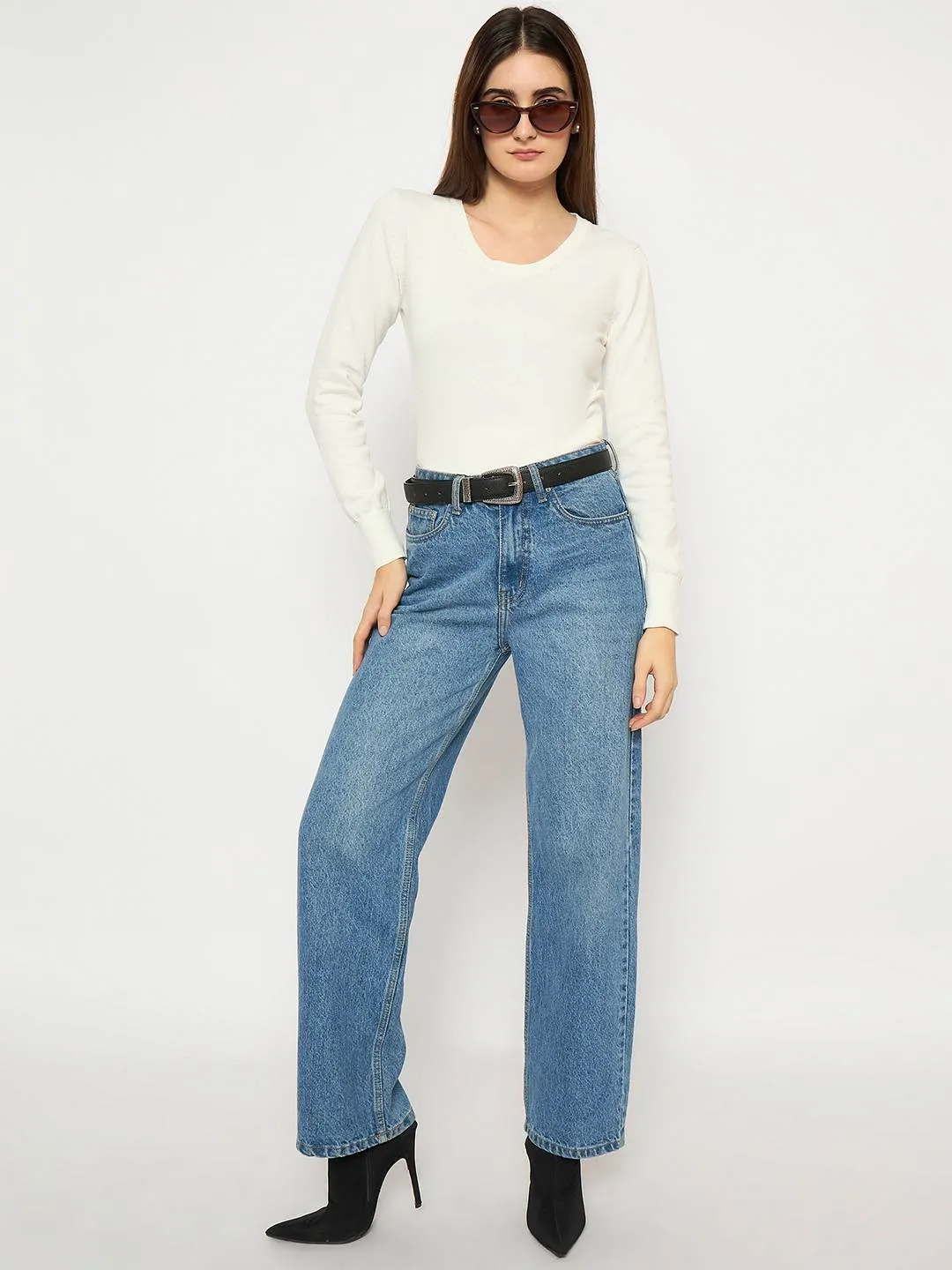 Cozy Comfort Wear Light Flex Fit Madame Round Neck Ribbed Cuff Off White Sweater